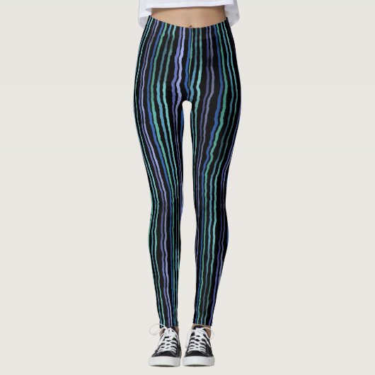 Aquarellstreifen, blau, grün, Lilac auf schwarz Leggings (Vorderseite)