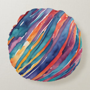 Aquarellstreifen Orange, Pink Blau Grün Lila Rundes Kissen