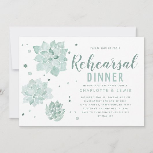 Aquarellsukkulente Hochzeiten Probe Abendessen Einladung (Vorderseite)