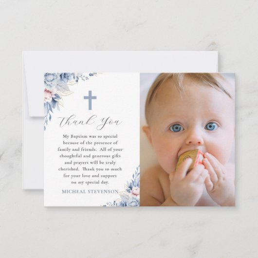 Aquarelltaufe Baby Blue Floral Foto Taufe Dankeskarte (Vorderseite)