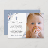Aquarelltaufe Baby Blue Floral Foto Taufe Dankeskarte (Vorne/Hinten)
