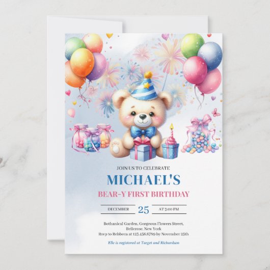 Aquarellteddy Bär Bonbons Bären-y ersten Geburtsta Einladung (Vorderseite)