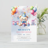 Aquarellteddy Bär Bonbons Bären-y ersten Geburtsta Einladung (Stehend Vorderseite)
