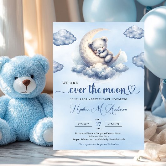 Aquarellteddy über dem Mond Babydusche Einladung