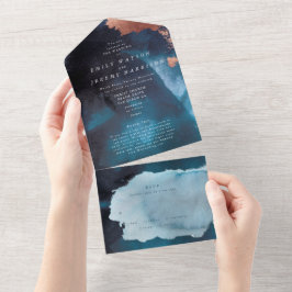 Aquarelltextur Moody Rose Gold Navy Hochzeit All In One Einladung
