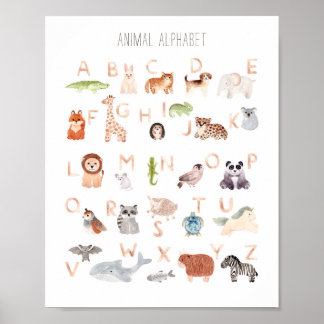 Aquarelltier abc Kinder Alphabet. Kinderzimmer Poster