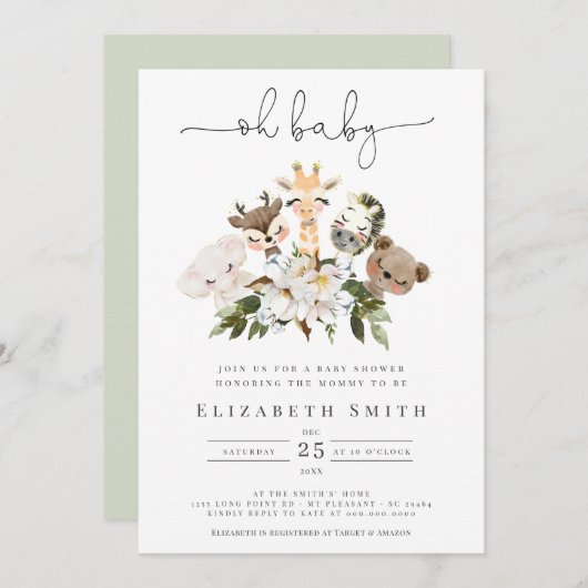 Aquarelltiere Imitate Gold Floral Oh Babydusche Einladung (Vorne/Hinten)