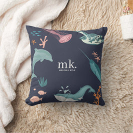Aquarelltiere Seetiere Monogram Blue Kissen