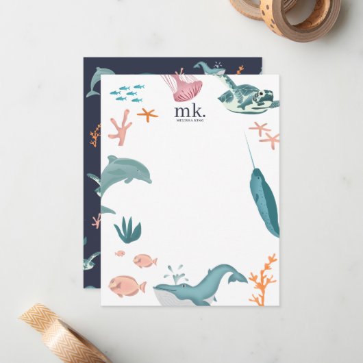 Aquarelltiere Seetiere Monogram Blue Mitteilungskarte (Vorderseite/Rückseite Beispiel)