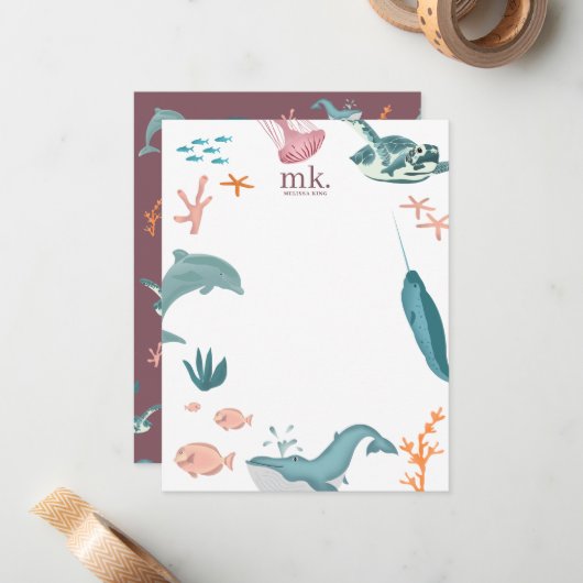 Aquarelltiere Seetiere Monogramm Rosa Rosa Mitteilungskarte (Vorderseite/Rückseite Beispiel)