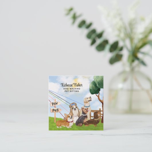 Aquarelltiere Sitzen, Hundwandern, Grooming Quadratische Visitenkarte (Stehend Vorderseite)