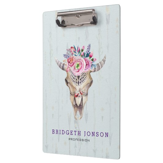 Aquarelltierschädel mit Buckel und Blume Klemmbrett (Links)