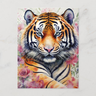 Aquarelltiger mit Blume Blumenbemalung Postkarte