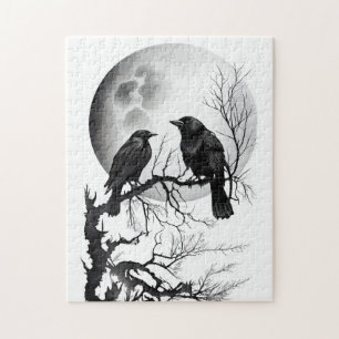 Aquarelltinte von Odins Raben, der auf Zweigen sit Puzzle