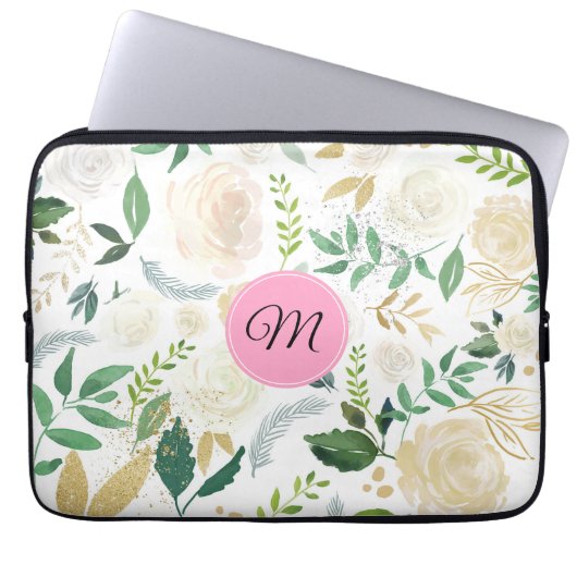 Aquarelltöne Weiß und Beige Rose Muster Laptopschutzhülle (Vorderseite)