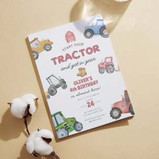 Aquarelltraktor, 4. Geburtstag Einladung