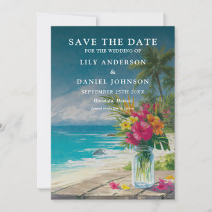 Aquarelltropische Strandblumen-Mason-Glas-Hochzeit Save The Date