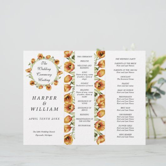 Aquarelltulips dreifaches Hochzeitsprogramm (Stehend Vorderseite)