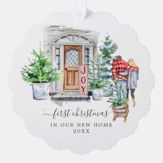 Aquarelltür | Erste Weihnachts-Zuhause Ornament Karte (Vorderseite)