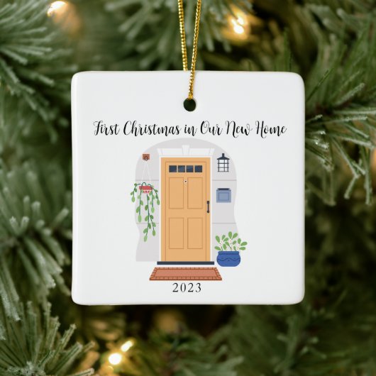 Aquarelltür Erstes Weihnachten in unserer neuen Zu Keramikornament (Baum)