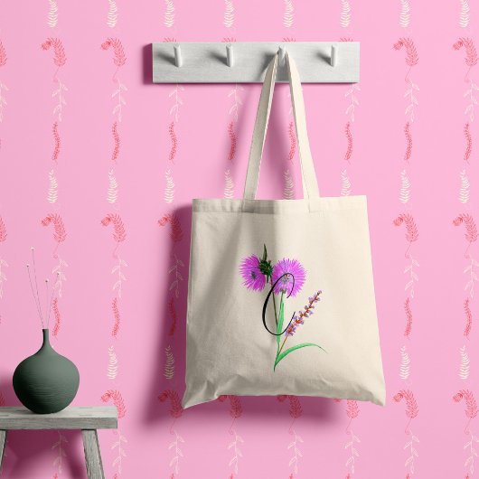 Aquarellviolette Blume mit Ihrer Initiale. Tragetasche
