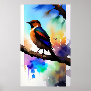 Aquarellvogel auf Zweig Poster