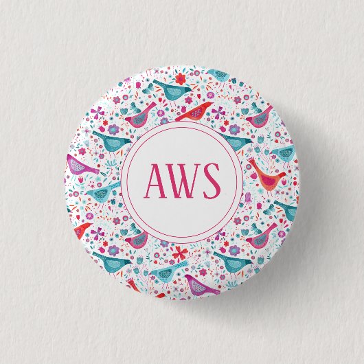 Aquarellvögel-Bright-Monogramm Button (Vorderseite)