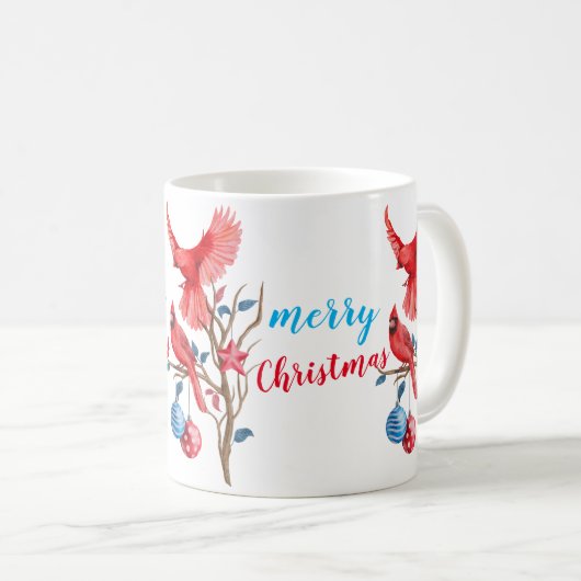 Aquarellvögel Frohe Weihnachten personalisiert Kaffeetasse (VorderseiteRechts)