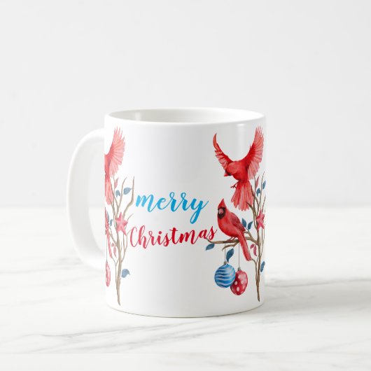 Aquarellvögel Frohe Weihnachten personalisiert Kaffeetasse (Vorderseite Links)
