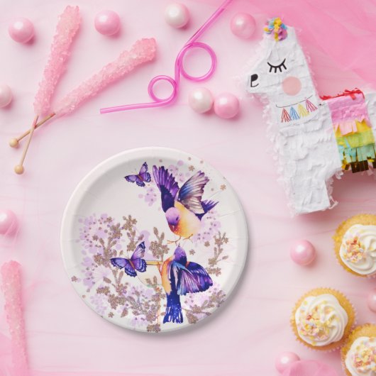 Aquarellvögel Lila Glitzer Pappteller (Party)