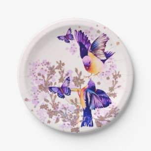 Aquarellvögel Lila Glitzer Pappteller