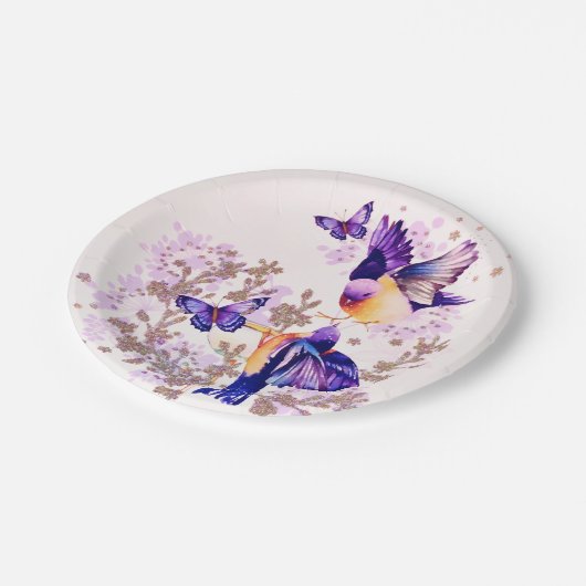 Aquarellvögel Lila Glitzer Pappteller (Schrägansicht)