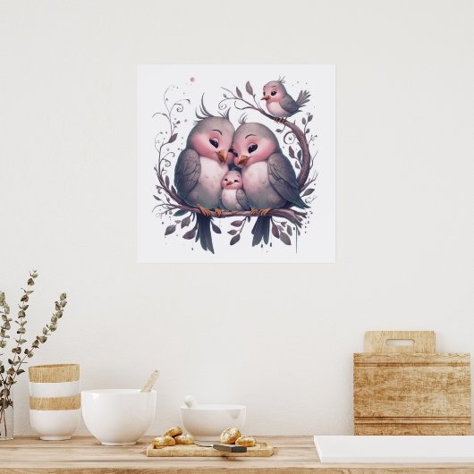 Aquarellvogelfamilie mit Kindern#5 Poster (Küche)