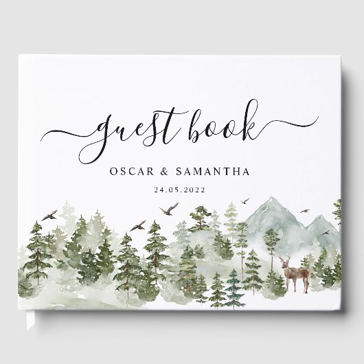 Aquarellwald | Bäume und Hirsche Gästebuch (Vorderseite)