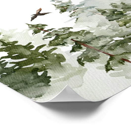 Aquarellwald | Bäume und Hirsche Poster (Ecke)