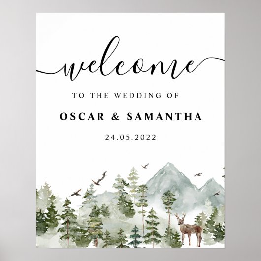 Aquarellwald | Bäume und Hirsche Poster (Vorne)