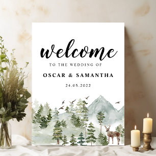 Aquarellwald Bäume und Hirsche Poster