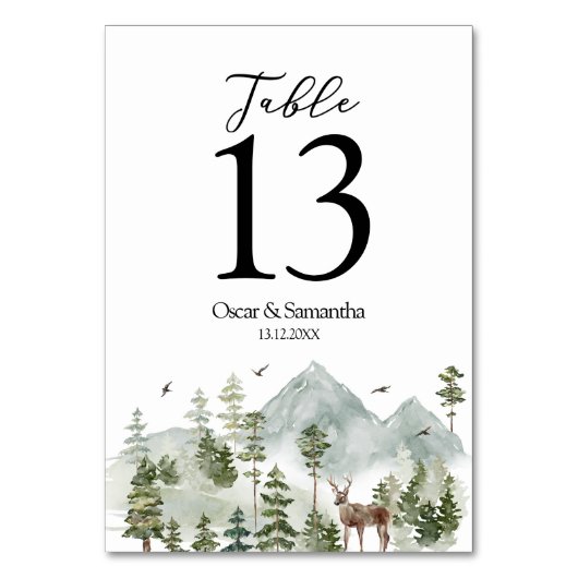 Aquarellwald | Bäume und Hirsche | Tischnummer (Rückseite)