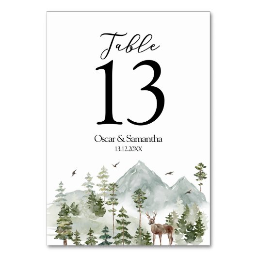 Aquarellwald | Bäume und Hirsche | Tischnummer (Vorderseite)