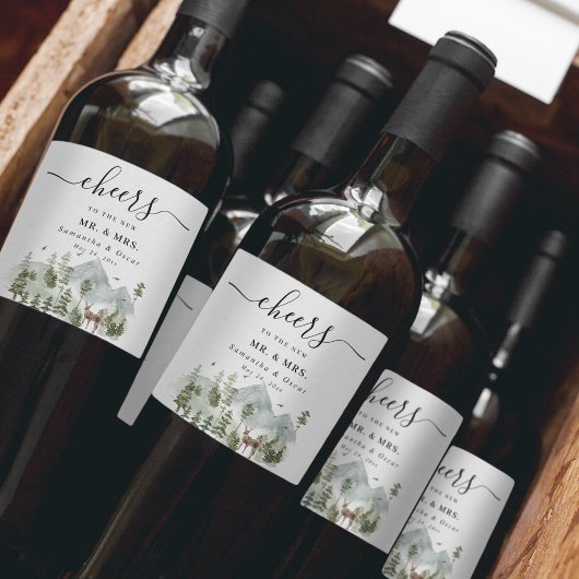 Aquarellwald | Bäume und Hirsche | Weinetikett