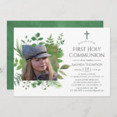 Aquarellwald Grüne erste Kommunion Einladung (Vorne/Hinten)