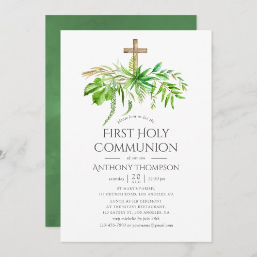 Aquarellwald Grüne erste Kommunion Einladung (Vorne/Hinten)