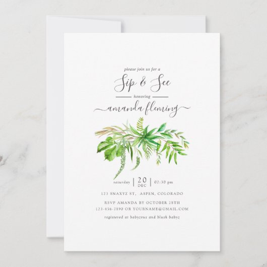Aquarellwald Grünpflanzen Sip and See Einladung (Vorderseite)