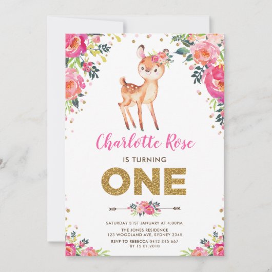 Aquarellwald Hirsche 1. Geburtstag Einladung (Vorderseite)