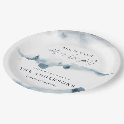 Aquarellwald Minimal blaue Weihnachtsfeiern Party Pappteller (Schrägansicht)