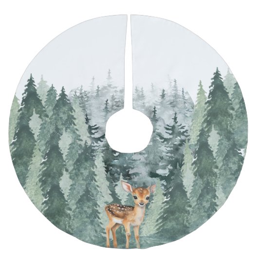 Aquarellwald mit Hirsch Polyester Weihnachtsbaumdecke (Vorderseite)