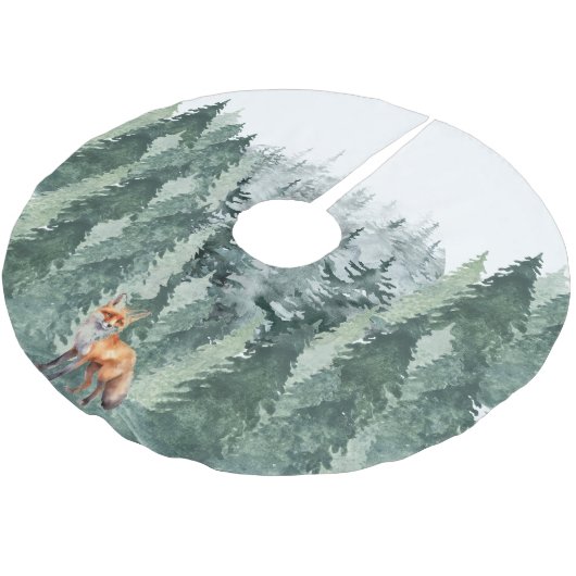 Aquarellwald mit Wolf Polyester Weihnachtsbaumdecke (Schrägansicht)