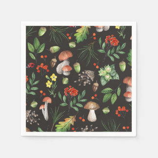 Aquarellwald Pilze Blätter Blume | Serviette