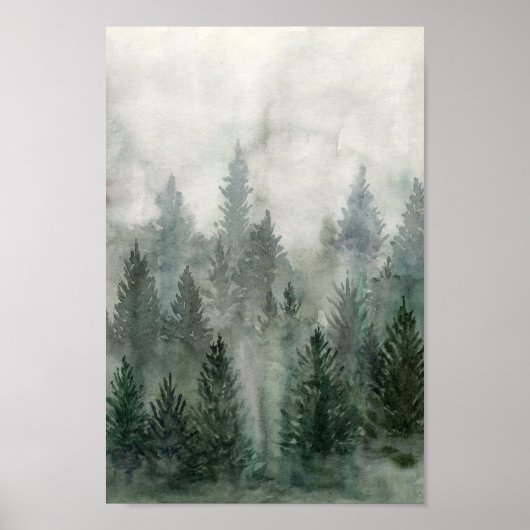 Aquarellwaldlandschaft Nebelkiefer Poster (Vorne)