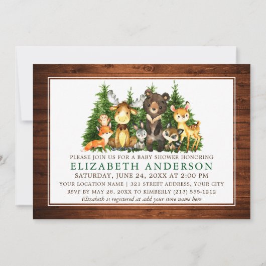 Aquarellwaldtiere Rustikale Holzdusche Einladung (Vorderseite)